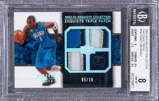 2003-04 UD "Exquisite Collection" Patches Triple #TM Tracy McGrady Game Used Patch Card (#05/10) - BGS NM-MT 8